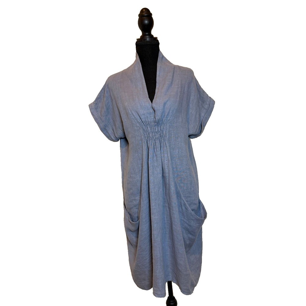 Meo Meli 100% Italian Linen Dress Lagenlook Pockets Made in Italy One Size Blue